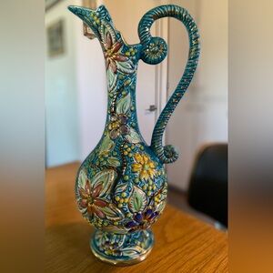 Vintage H. Bequet Belgium Hand-Painted Floral Pitcher Ewer - 13” Turquoise Gold